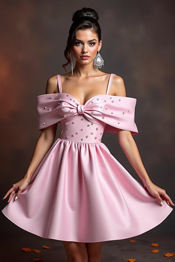 Pink Cold Shoulder Beaded Homecoming Dress